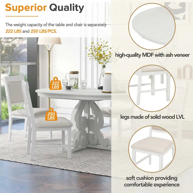 Vintage White 5-Piece Wooden Dining Set with Extendable Table and 4 Chairs