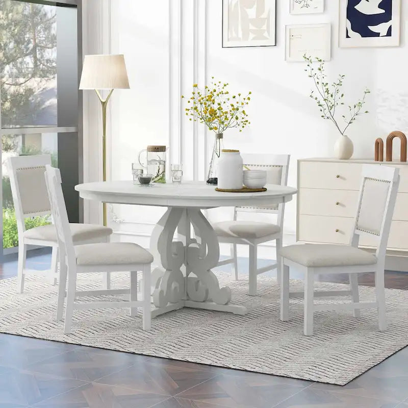 Vintage White 5-Piece Wooden Dining Set with Extendable Table and 4 Chairs