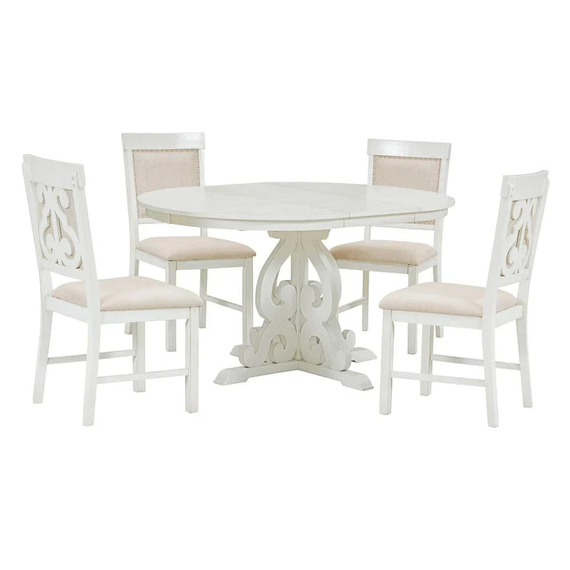 Vintage White 5-Piece Wooden Dining Set with Extendable Table and 4 Chairs
