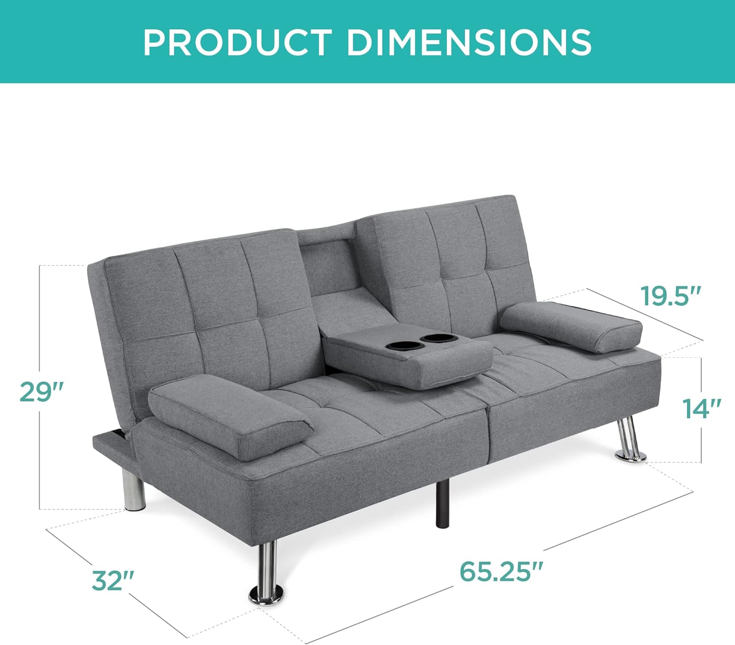 Best Choice Products Linen Upholstered Modern Convertible Folding Futon Sofa Bed for Compact Living Space, Apartment, Dorm, Bonus Room w/Removable Armrests, Metal Legs, 2 Cupholders - Gray