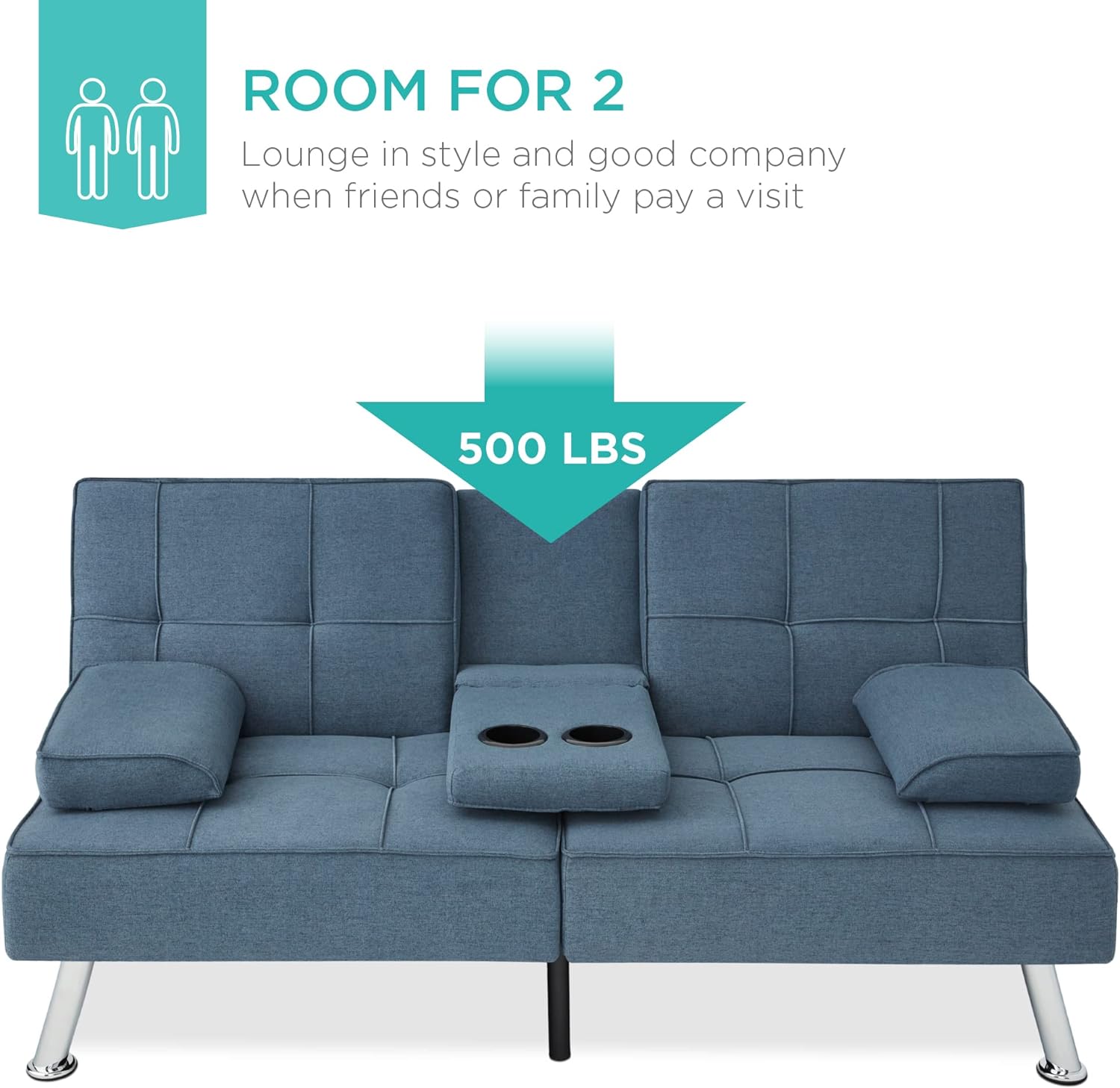 Best Choice Products Linen Upholstered Modern Convertible Folding Futon Sofa Bed for Compact Living Space, Apartment, Dorm, Bonus Room w/Removable Armrests, Metal Legs, 2 Cupholders - Gray