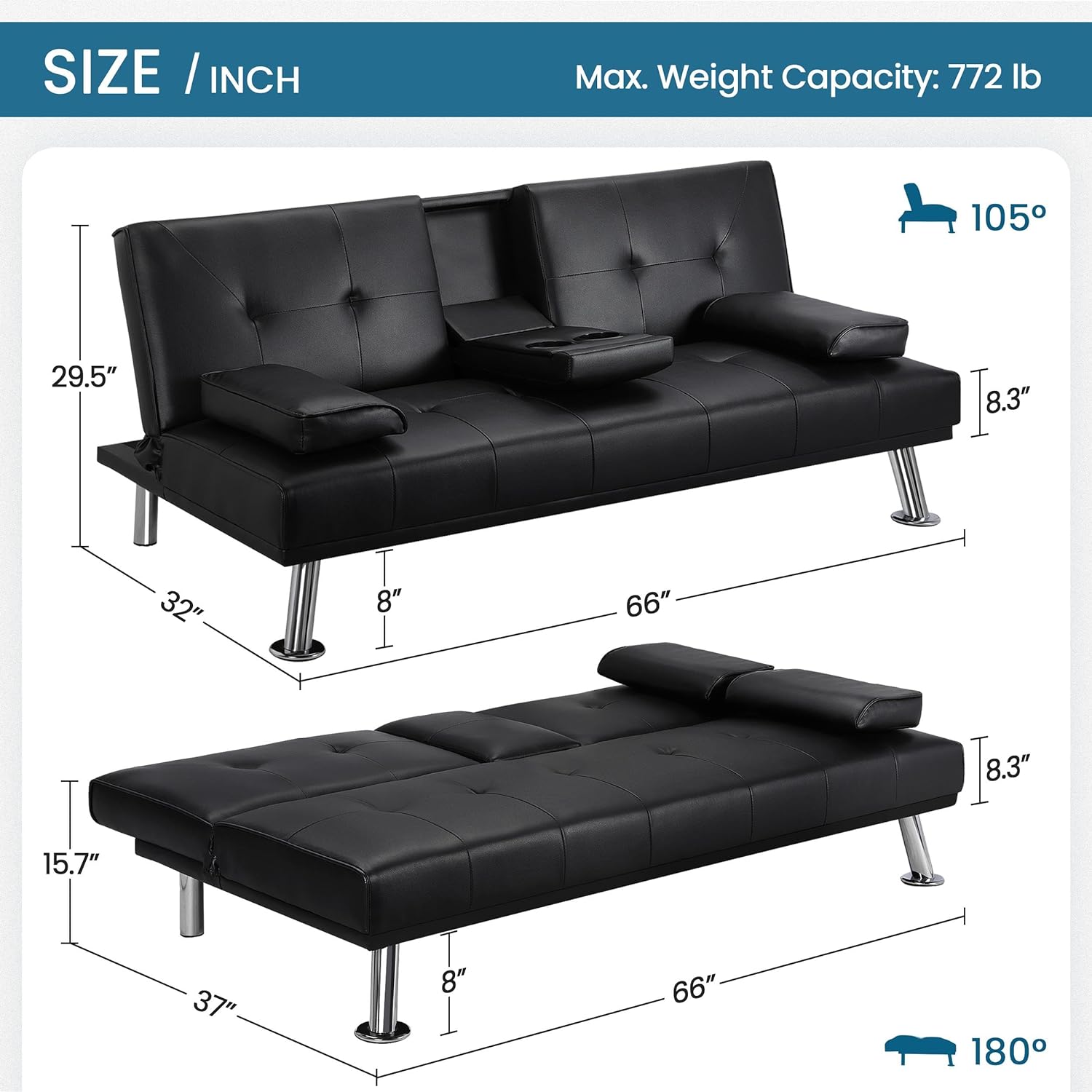 Yaheetech Convertible Sofa Bed Adjustable Couch Sleeper Modern Faux Leather Home Recliner Reversible Loveseat Folding Daybed Guest Bed, Removable Armrests, Cup Holders, 3 Angles, 772lb Capacity, Black