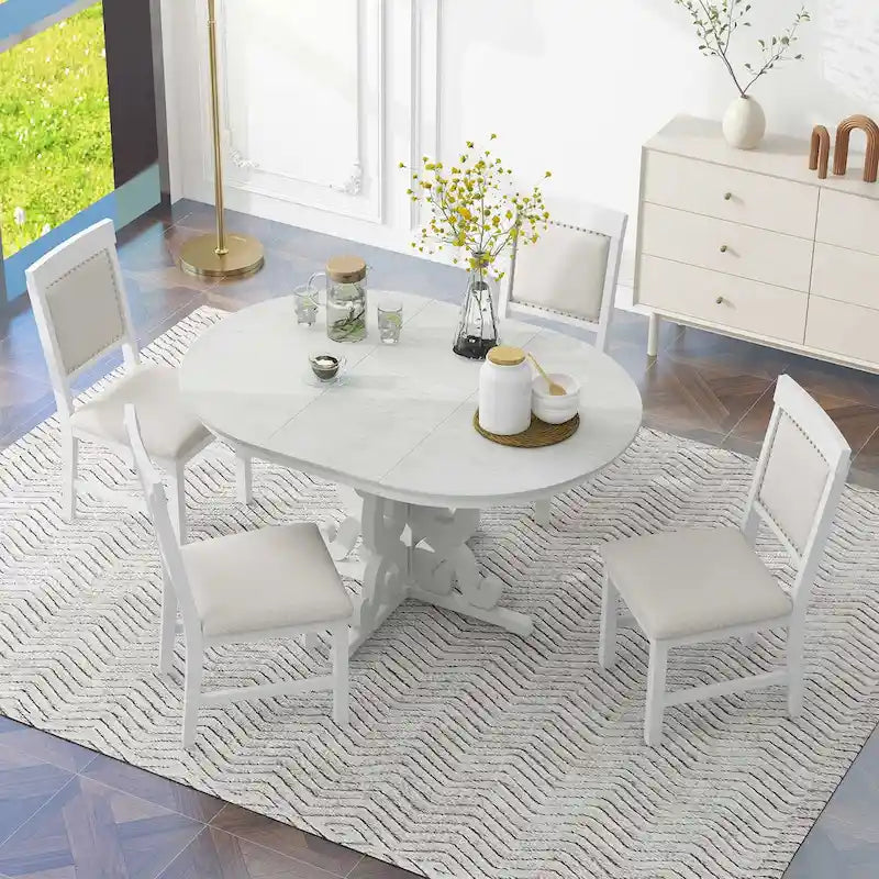 Vintage White 5-Piece Wooden Dining Set with Extendable Table and 4 Chairs
