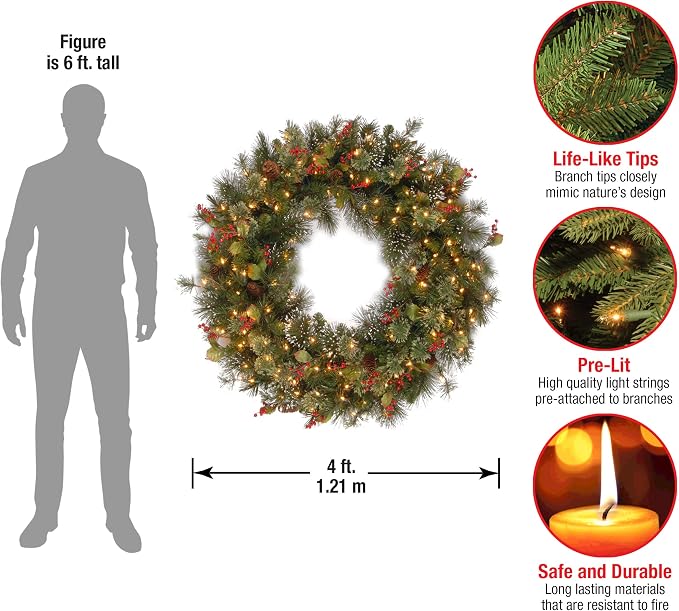 Couronne de Noël artificielle pré-éclairée, verte, pin d'hiver, lumière blanche, décorée de pommes de pin, grappes de baies, branches givrés, collection de Noël, 48 pouces