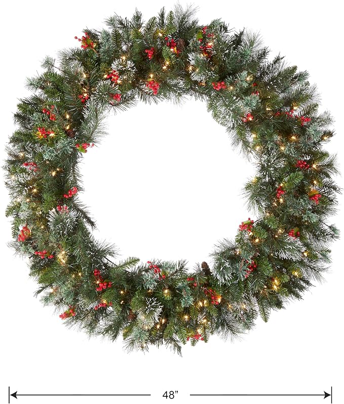 Couronne de Noël artificielle pré-éclairée, verte, pin d'hiver, lumière blanche, décorée de pommes de pin, grappes de baies, branches givrés, collection de Noël, 48 pouces