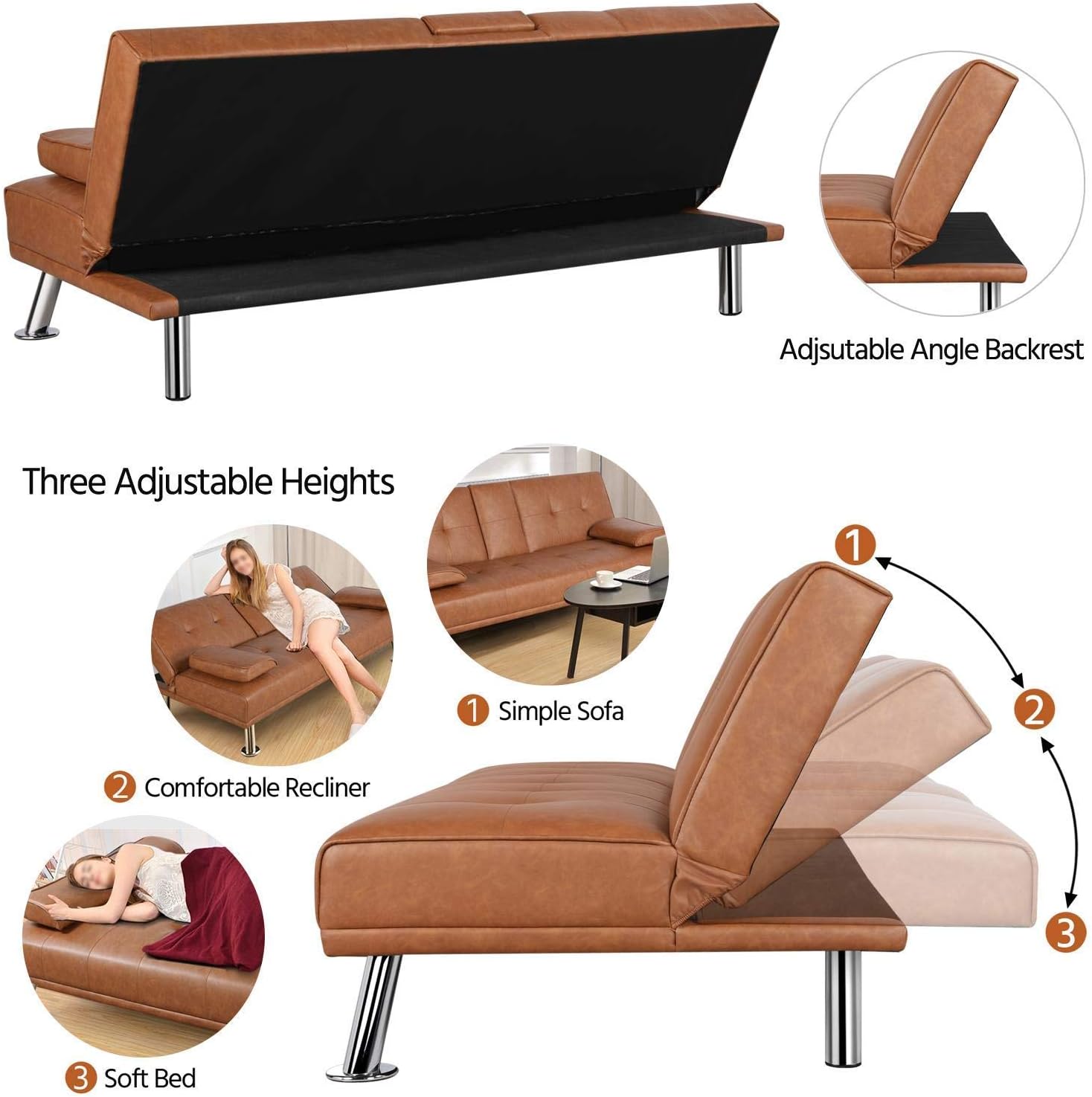 Yaheetech Convertible Sofa Bed Adjustable Couch Sleeper Modern Faux Leather Home Recliner Reversible Loveseat Folding Daybed Guest Bed, Removable Armrests, Cup Holders, 3 Angles, 772lb Capacity, Black