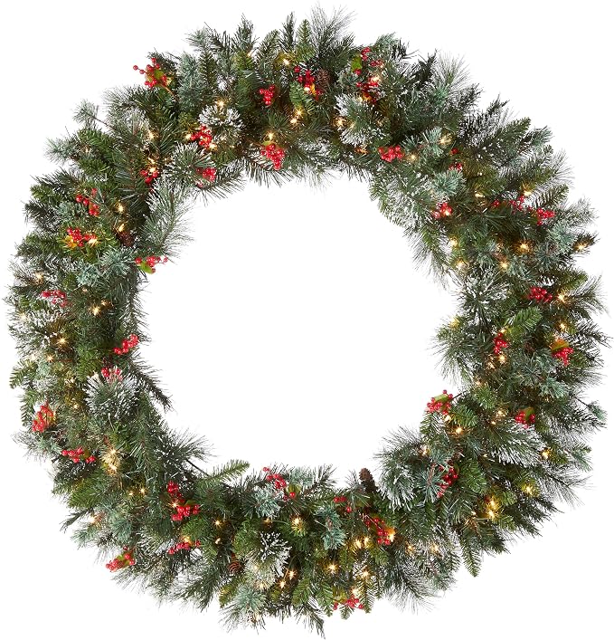 Couronne de Noël artificielle pré-éclairée, verte, pin d'hiver, lumière blanche, décorée de pommes de pin, grappes de baies, branches givrés, collection de Noël, 48 pouces