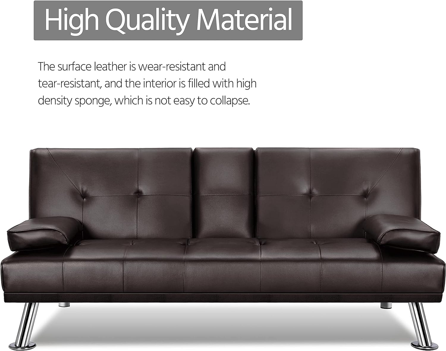 Yaheetech Convertible Sofa Bed Adjustable Couch Sleeper Modern Faux Leather Home Recliner Reversible Loveseat Folding Daybed Guest Bed, Removable Armrests, Cup Holders, 3 Angles, 772lb Capacity, Black