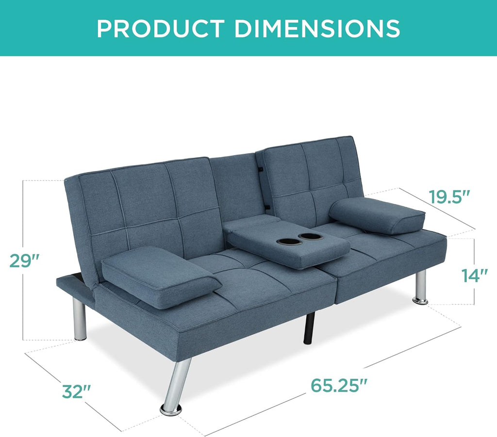 Best Choice Products Linen Upholstered Modern Convertible Folding Futon Sofa Bed for Compact Living Space, Apartment, Dorm, Bonus Room w/Removable Armrests, Metal Legs, 2 Cupholders - Gray