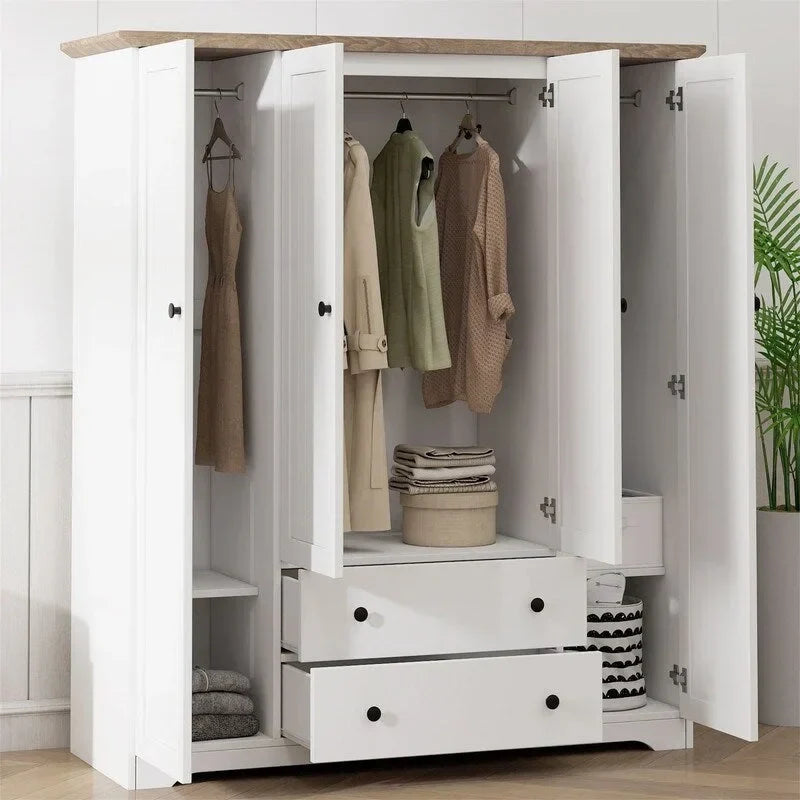 Wooden 4-Door Armoire Closet with 2 Drawers, Hanging Rods, and Shelves – Stylish Bedroom Wardrobe Organizer