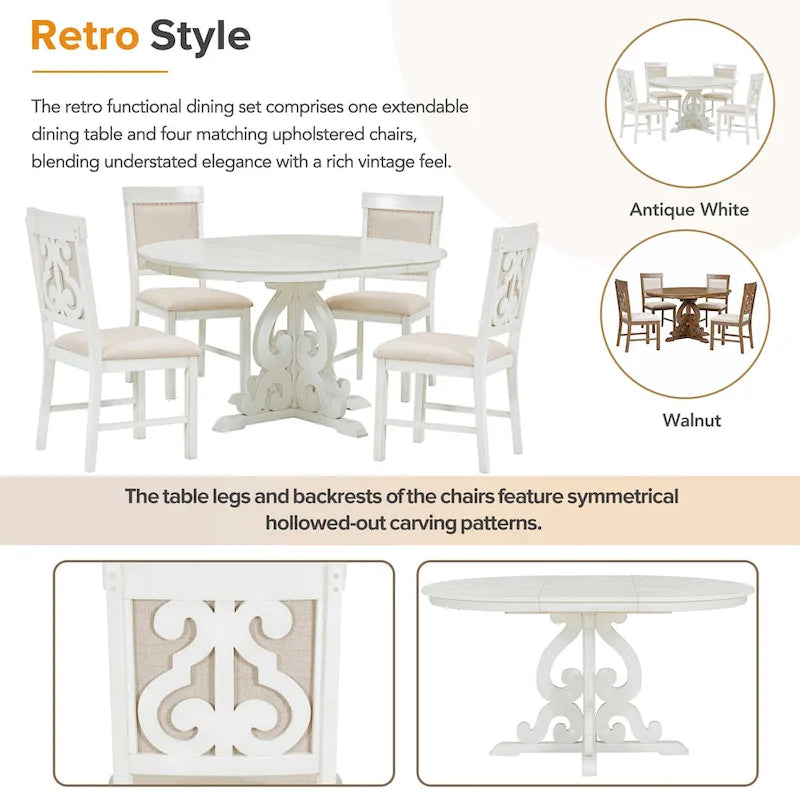 Vintage White 5-Piece Wooden Dining Set with Extendable Table and 4 Chairs