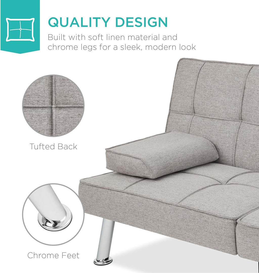 Best Choice Products Linen Upholstered Modern Convertible Folding Futon Sofa Bed for Compact Living Space, Apartment, Dorm, Bonus Room w/Removable Armrests, Metal Legs, 2 Cupholders - Gray