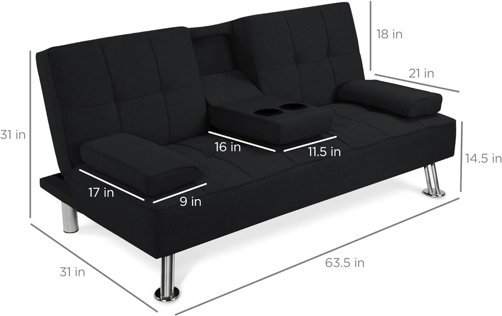 Best Choice Products Linen Upholstered Modern Convertible Folding Futon Sofa Bed for Compact Living Space, Apartment, Dorm, Bonus Room w/Removable Armrests, Metal Legs, 2 Cupholders - Gray