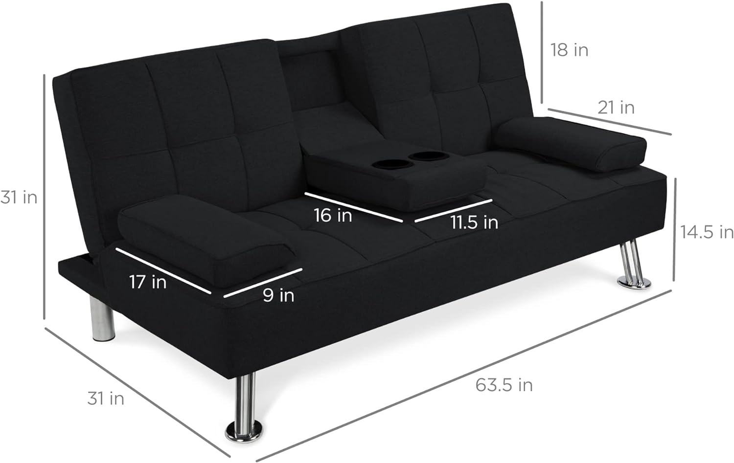 Best Choice Products Linen Upholstered Modern Convertible Folding Futon Sofa Bed for Compact Living Space, Apartment, Dorm, Bonus Room w/Removable Armrests, Metal Legs, 2 Cupholders - Gray