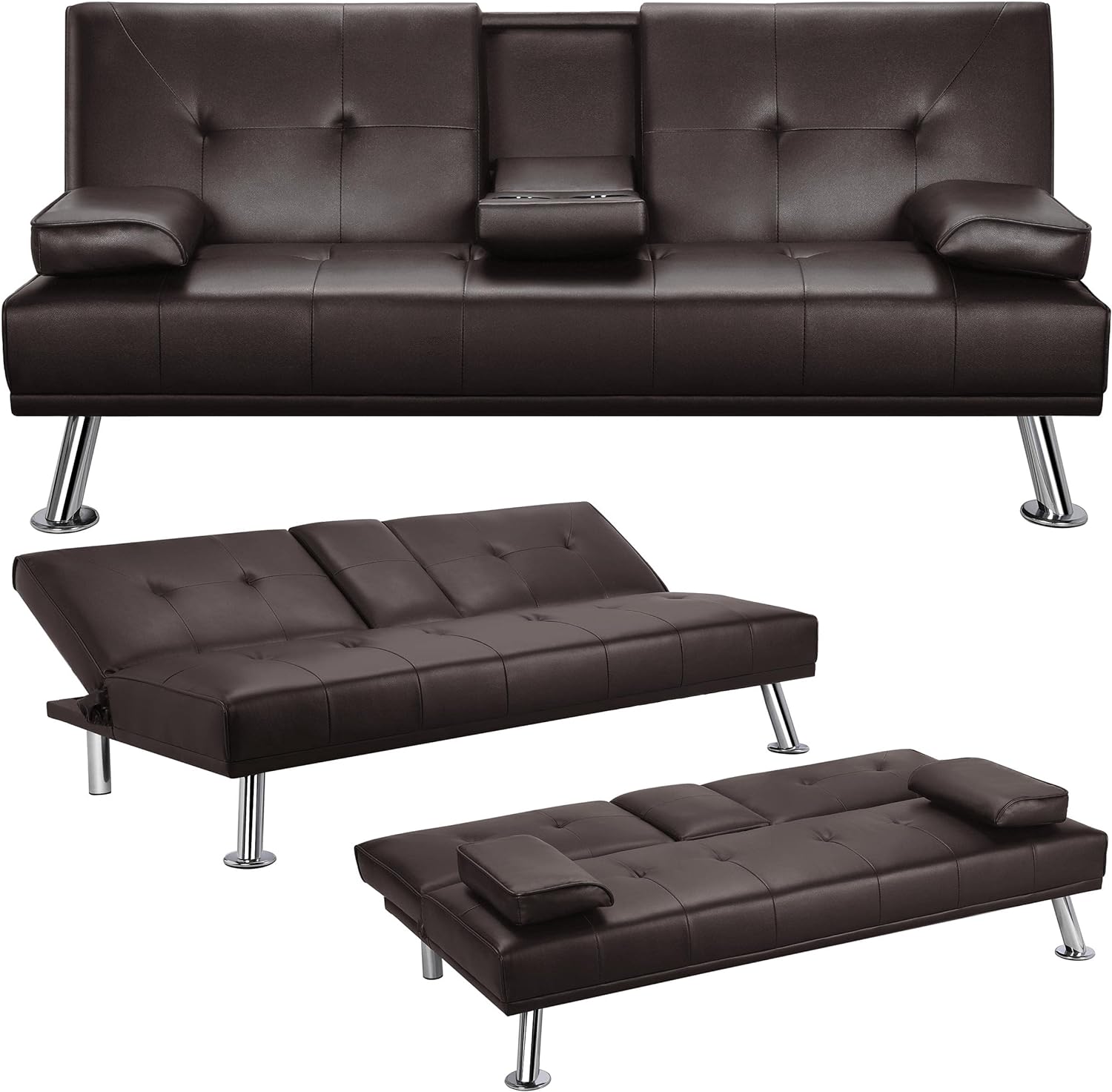 Yaheetech Convertible Sofa Bed Adjustable Couch Sleeper Modern Faux Leather Home Recliner Reversible Loveseat Folding Daybed Guest Bed, Removable Armrests, Cup Holders, 3 Angles, 772lb Capacity, Black