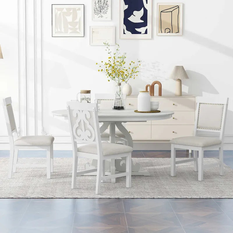 Vintage White 5-Piece Wooden Dining Set with Extendable Table and 4 Chairs