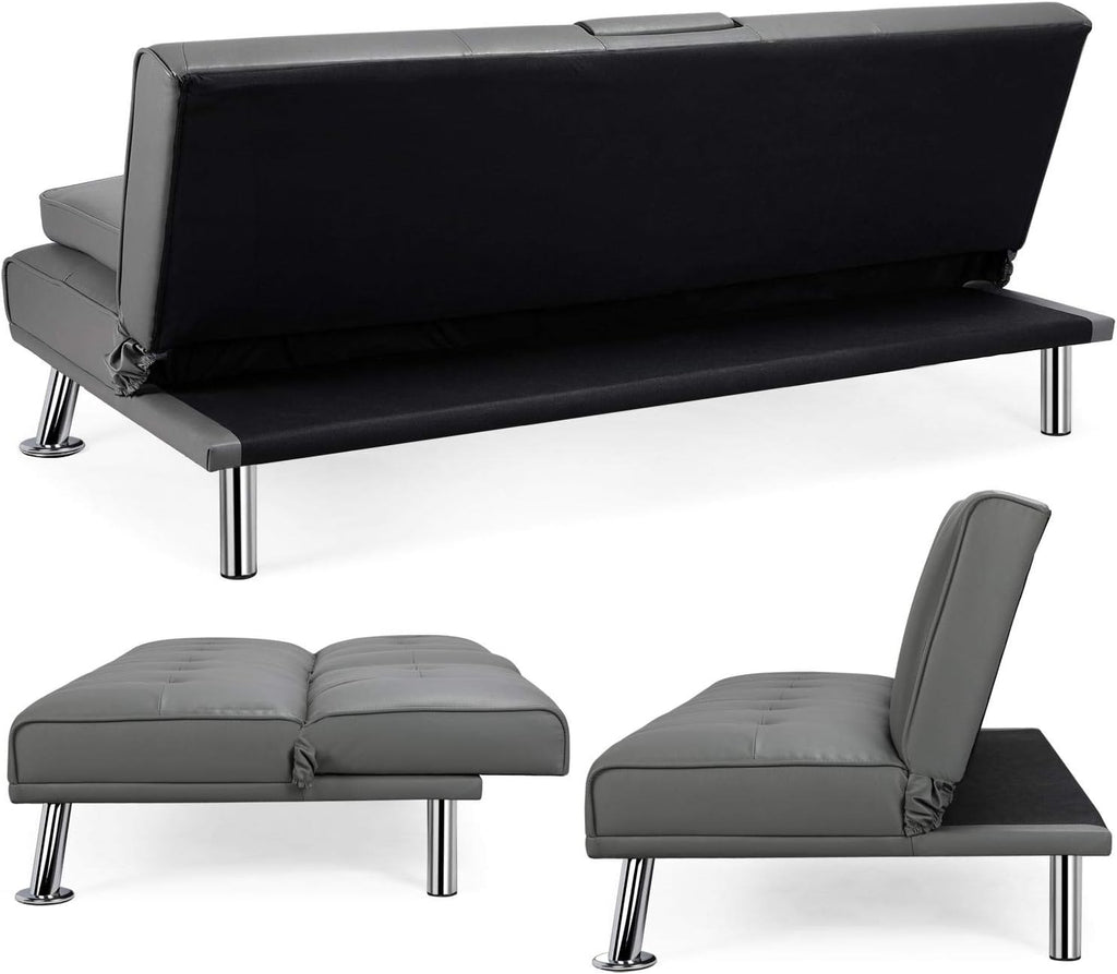 Yaheetech Convertible Sofa Bed Adjustable Couch Sleeper Modern Faux Leather Home Recliner Reversible Loveseat Folding Daybed Guest Bed, Removable Armrests, Cup Holders, 3 Angles, 772lb Capacity, Black