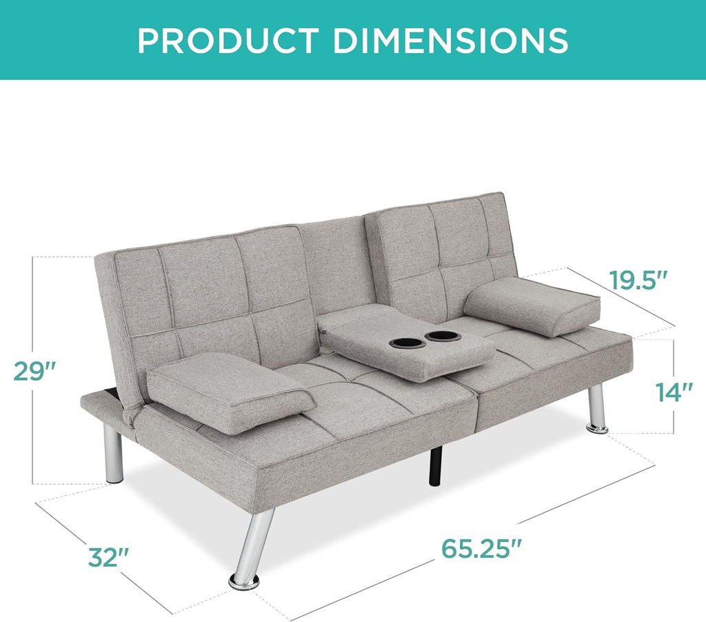 Best Choice Products Linen Upholstered Modern Convertible Folding Futon Sofa Bed for Compact Living Space, Apartment, Dorm, Bonus Room w/Removable Armrests, Metal Legs, 2 Cupholders - Gray