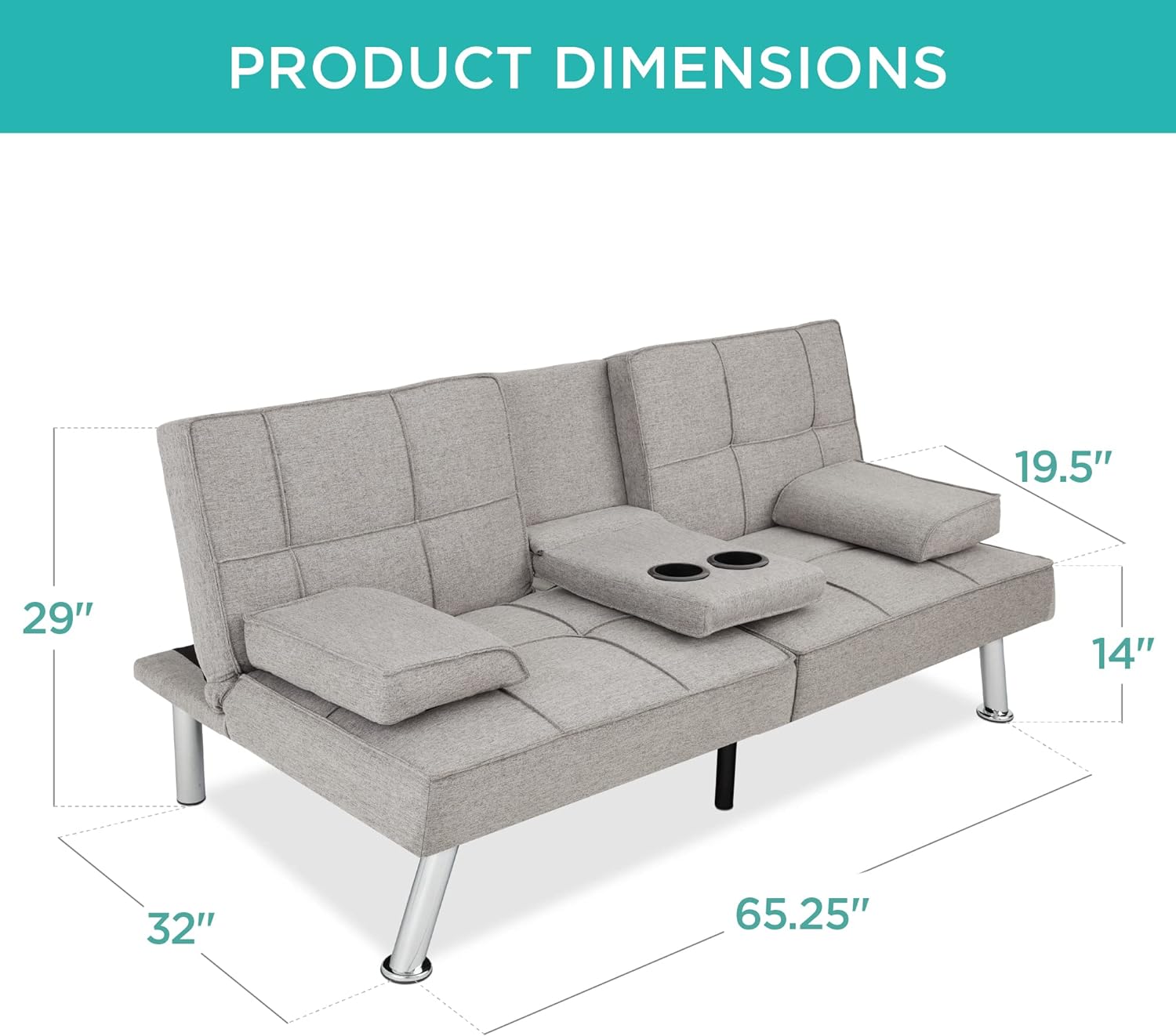 Best Choice Products Linen Upholstered Modern Convertible Folding Futon Sofa Bed for Compact Living Space, Apartment, Dorm, Bonus Room w/Removable Armrests, Metal Legs, 2 Cupholders - Gray