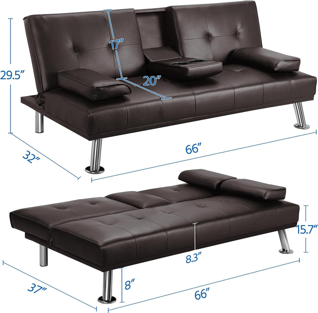 Yaheetech Convertible Sofa Bed Adjustable Couch Sleeper Modern Faux Leather Home Recliner Reversible Loveseat Folding Daybed Guest Bed, Removable Armrests, Cup Holders, 3 Angles, 772lb Capacity, Black