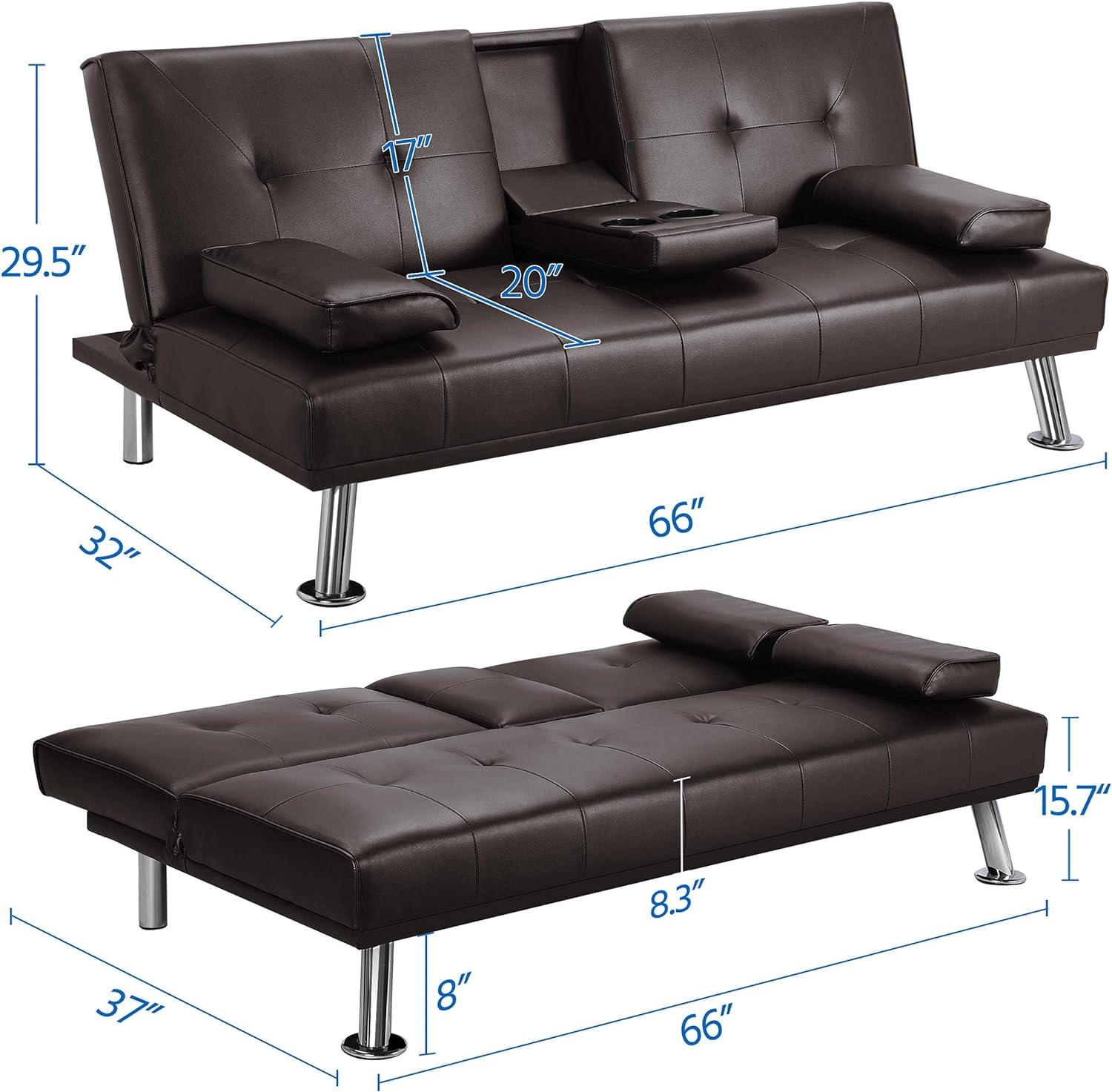 Yaheetech Convertible Sofa Bed Adjustable Couch Sleeper Modern Faux Leather Home Recliner Reversible Loveseat Folding Daybed Guest Bed, Removable Armrests, Cup Holders, 3 Angles, 772lb Capacity, Black