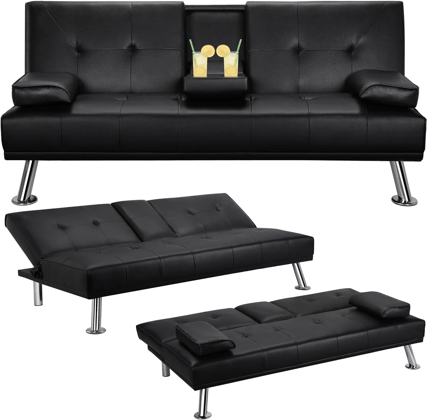 Yaheetech Convertible Sofa Bed Adjustable Couch Sleeper Modern Faux Leather Home Recliner Reversible Loveseat Folding Daybed Guest Bed, Removable Armrests, Cup Holders, 3 Angles, 772lb Capacity, Black