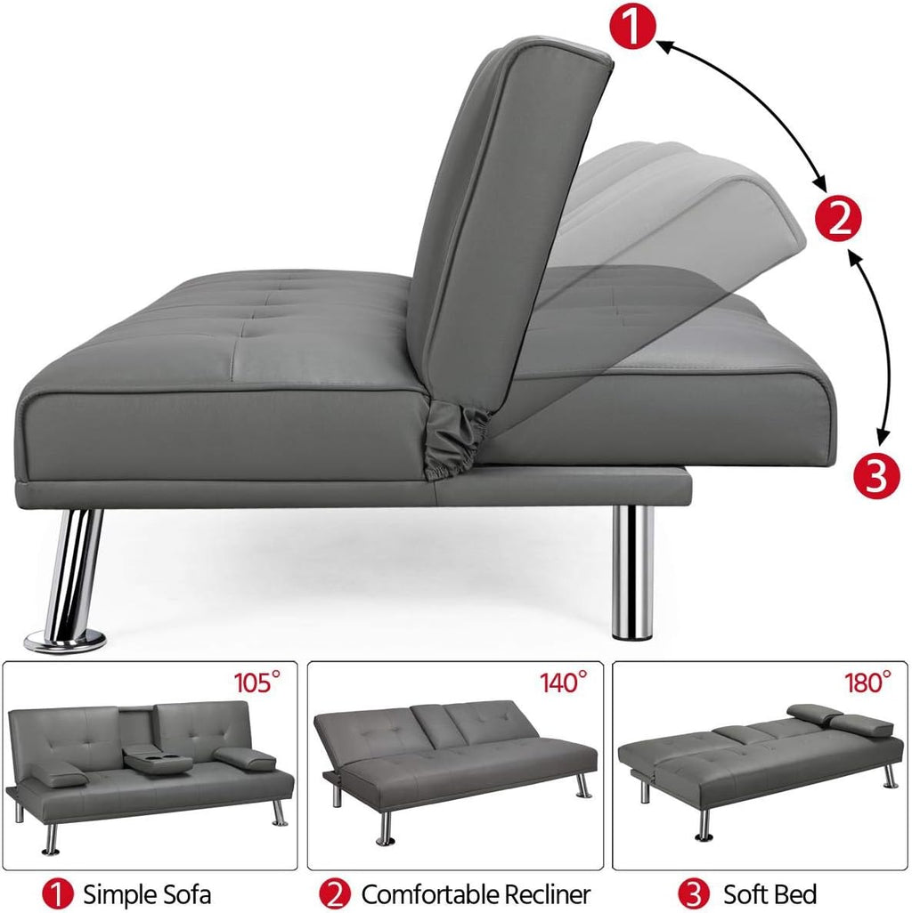 Yaheetech Convertible Sofa Bed Adjustable Couch Sleeper Modern Faux Leather Home Recliner Reversible Loveseat Folding Daybed Guest Bed, Removable Armrests, Cup Holders, 3 Angles, 772lb Capacity, Black